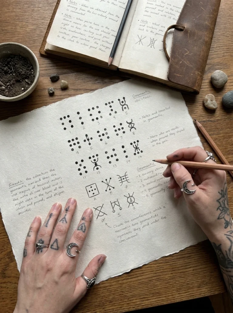 Geomantic marks and figures arranged on paper beside a traditional notebook