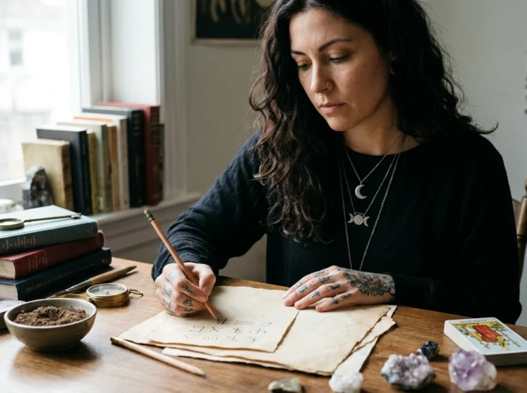 A practitioner working with a geomantic layout and handwritten symbols