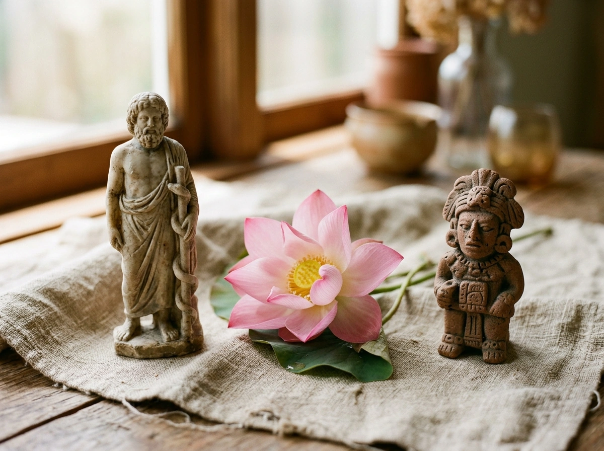 Madame Celestine exploring healing symbolism with sacred figures and ritual objects