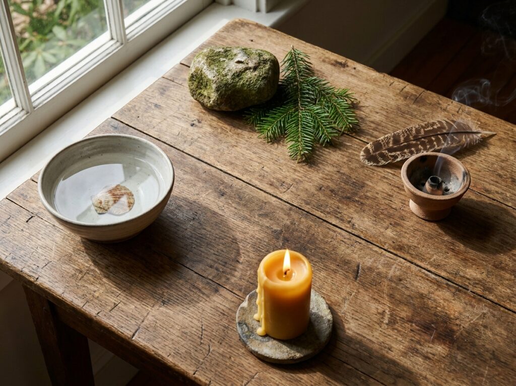 A four-directions altar arranged with natural objects and a candle