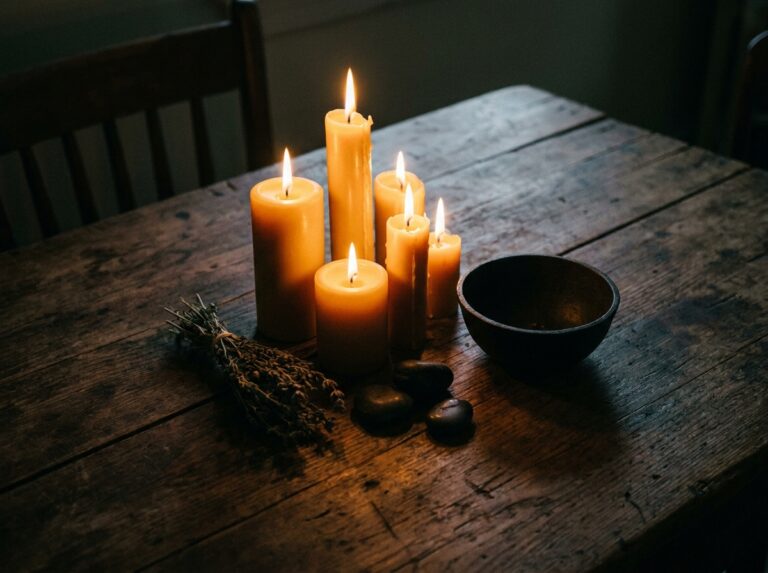 Candles and ritual objects representing Fire and the South