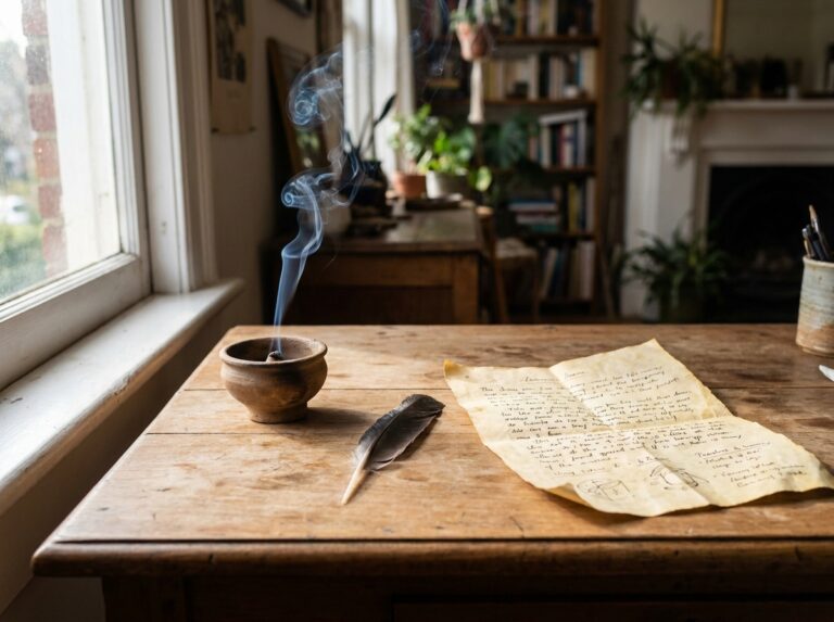 A quiet ritual setting with written notes and smoke representing Air