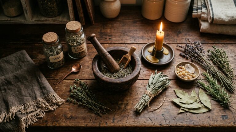 A wooden kitchen counter with a mortar and pestle, dried herbs, and a lit candle arranged for a kitchen witchcraft ritual
