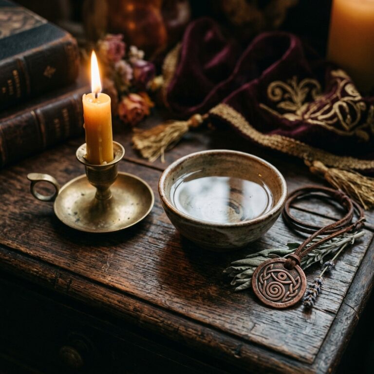 A candle, bowl of water, and small metal charm arranged on a dark wooden table, illustrating objects that may carry personal meaning in protective warding
