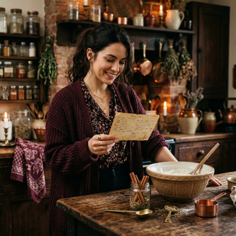 Smiling young woman reading her late grandmother's handwritten recipe card beside a jar of cinnamon sticks and a mixing bowl, feeling her deceased grandmother's guidance