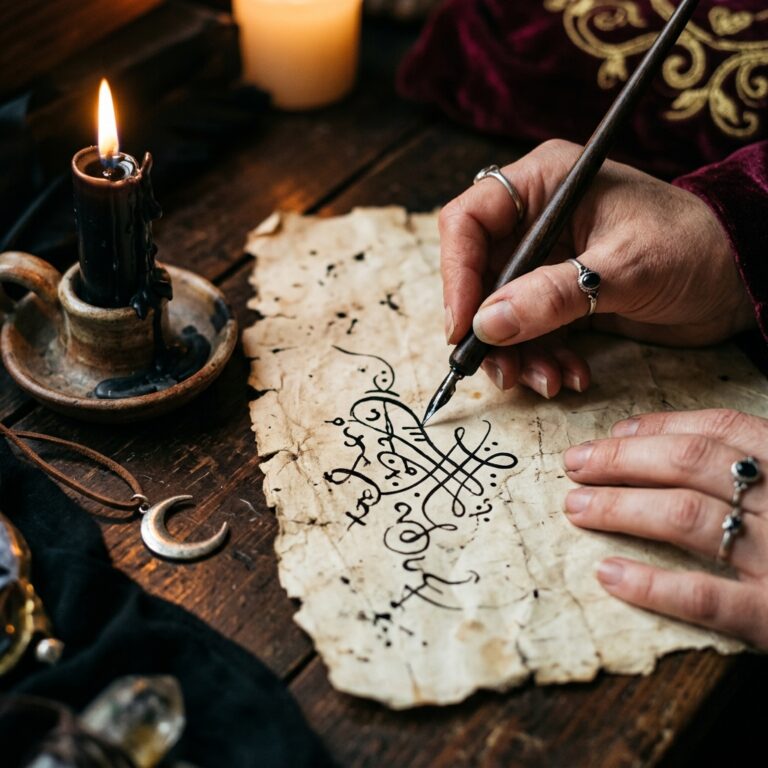 Hand drawing a looping Lilith sigil in black ink on torn parchment beside a dripping black candle and a crescent moon pendant