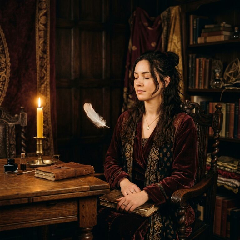 Woman in burgundy velvet sitting with eyes closed in a candlelit study as a white feather drifts past her, a sign many link with spirit guides