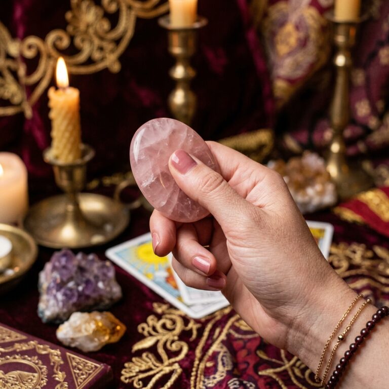 Hand holding a smooth, polished rose quartz worry stone over a candlelit table with amethyst, citrine and tarot cards