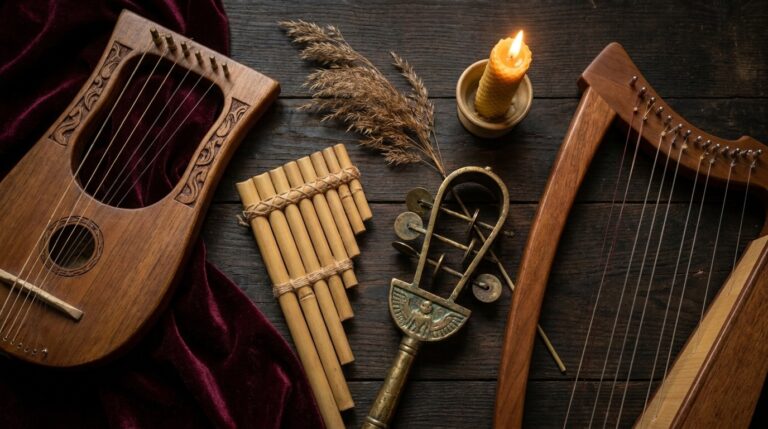 Overhead view of a carved wooden lyre, reed panpipes, a bronze sistrum and a small harp on dark wood beside a beeswax candle and dried reeds, instruments of the pagan gods of music