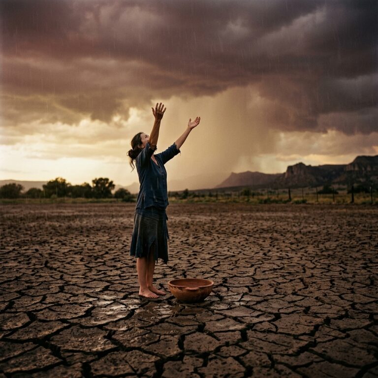 Woman with arms raised toward a storm-dark sky over a cracked, drought-dry field, a clay bowl at her feet as rain begins to fall during a rain prayer