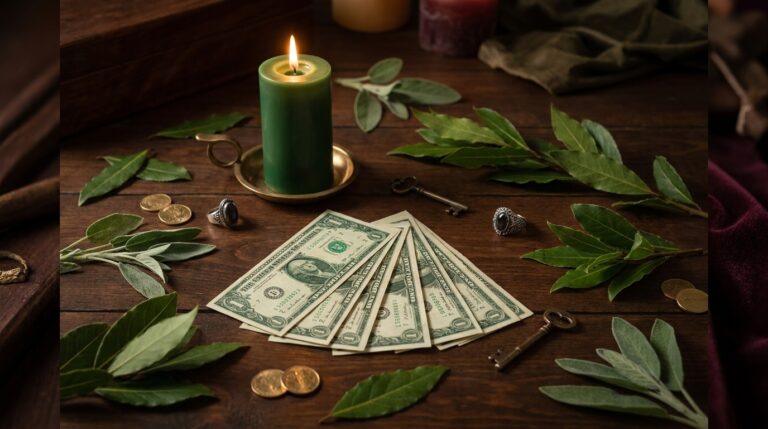 Green candle for a money candle spell beside a fan of dollar bills, surrounded by bay and sage leaves, gold coins and old keys on a wooden table