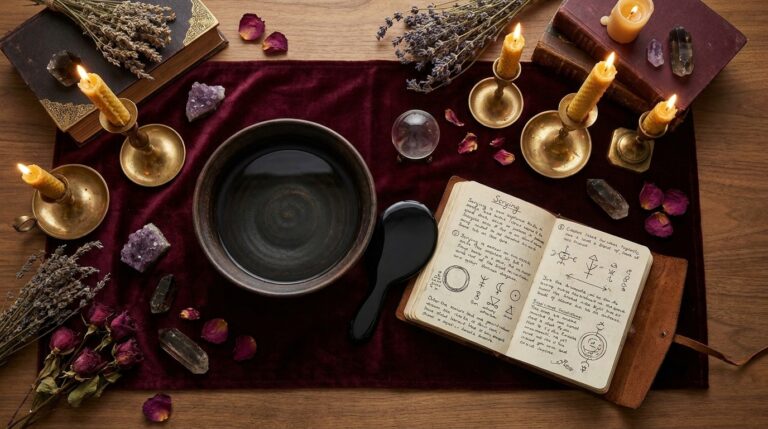 Flat-lay of a table set for scrying for beginners: a dark bowl of water, a black hand mirror, a small crystal ball and an open notebook of symbols among beeswax candles