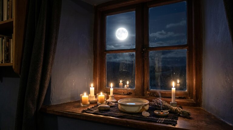 A full moon glowing above a windowsill altar with candles and a small dish of water