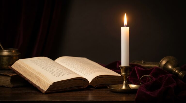 A single white taper burning tall and steady in a brass holder beside an open old book in a dark room, the starting point for reading candle flame meanings