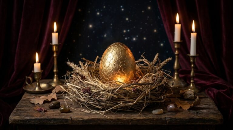 A golden egg glowing in a straw nest on a candlelit wooden table before a starry sky, evoking the cosmic egg myths behind egg magic