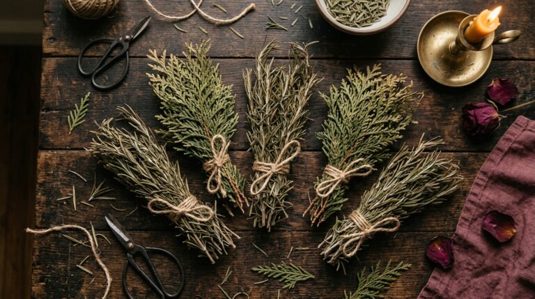 Dried herb bundles including rosemary and cedar tied with string on a wooden table