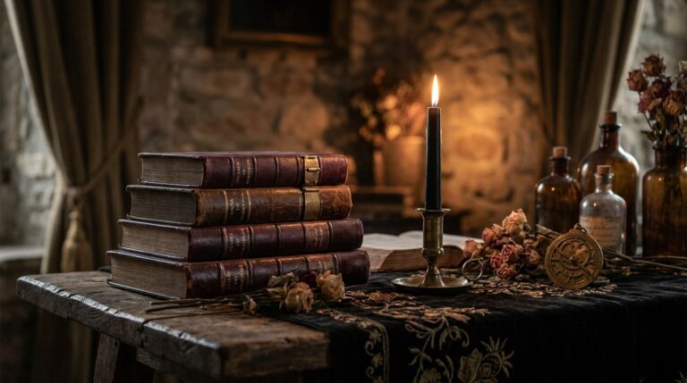 A stack of old leather books and a black candle on a candlelit table, a reminder that some Satanic rites are published and freely available before you weigh Satanic ritual pricing