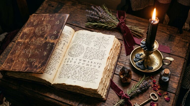 Worn leather grimoire open to hand-drawn sigils and runes beside a lit black candle on a wooden table, reflecting the Adversary as a symbol of self-assertion