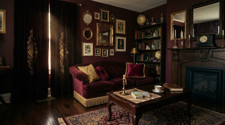 Dark parlor with heavy burgundy velvet curtains drawn against the daylight, a tidy room that still feels heavy before any house cleansing