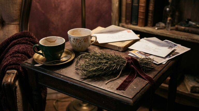 Rosemary bundle tied with burgundy ribbon lying unlit on a cluttered side table with tea-stained cups and scattered mail, the cleansing ritual mistake of skipping the cleaning