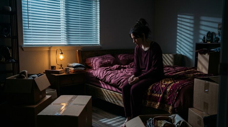 Woman sitting sleepless on the edge of her bed among half-unpacked moving boxes, light slicing through the blinds of her new apartment