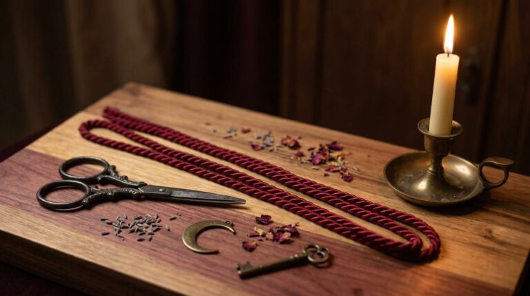 Two lengths of red cord laid across a wooden altar beside a pair of scissors and a candle