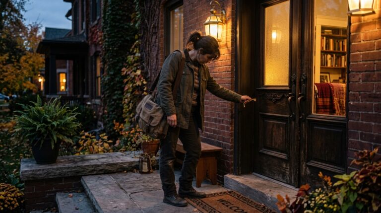 Woman with a canvas bag over her shoulder unlocking her front door at dusk, carrying the day's energy home