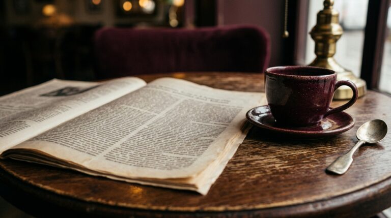 Open newspaper of dense small print beside a burgundy coffee cup on a round café table, like the paper used in the luck experiment