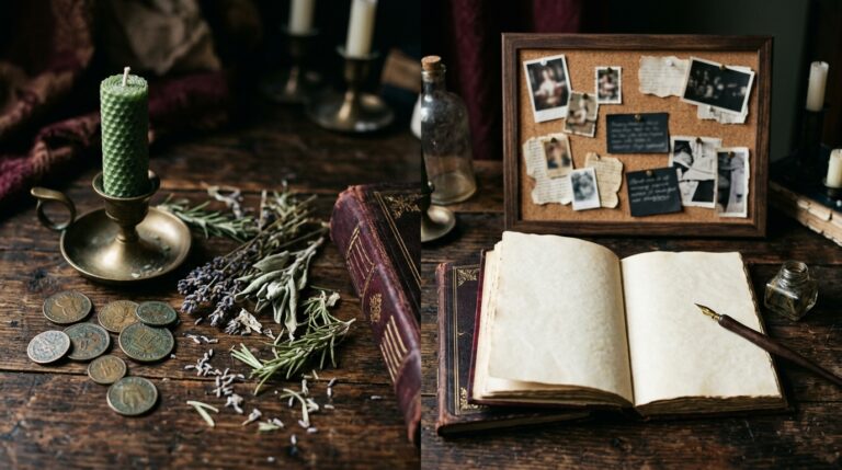 Side-by-side still life comparing a luck spell vs. manifestation: a green candle, coins and dried herbs on one side, a vision board and a blank journal on the other