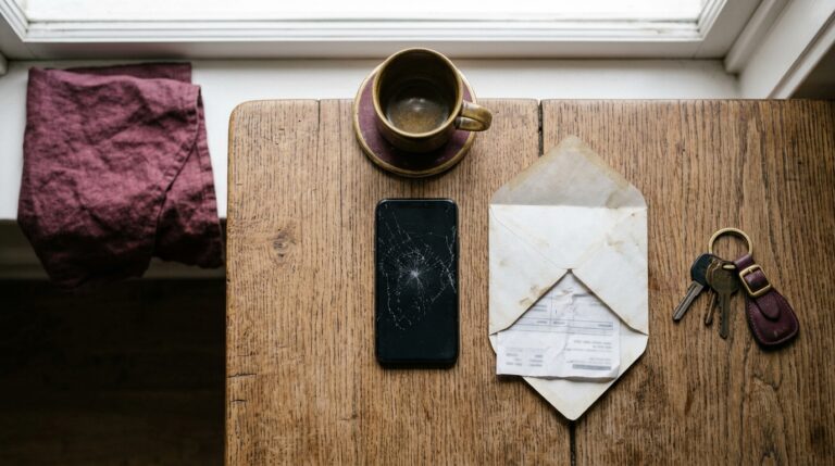 Cracked phone, a bill peeking out of an envelope and a set of car keys on a wooden table after a week that felt like a bad luck streak