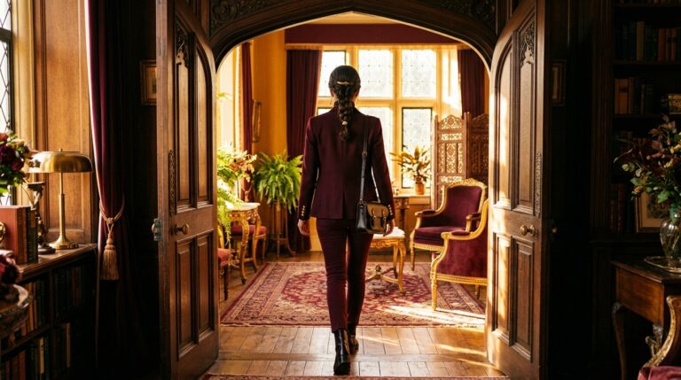 Woman in a burgundy suit walking through an open carved doorway into a sunlit room, the forward step behind a promotion ritual