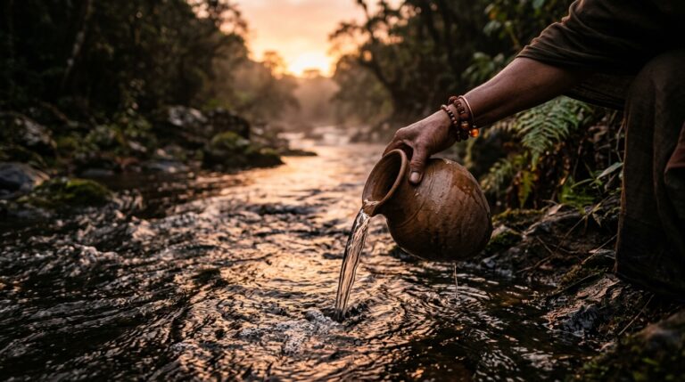 Hand with beaded bracelets pouring water from a clay jug into a forest stream at golden hour, an offering to the Yemaya goddess as mother of rivers