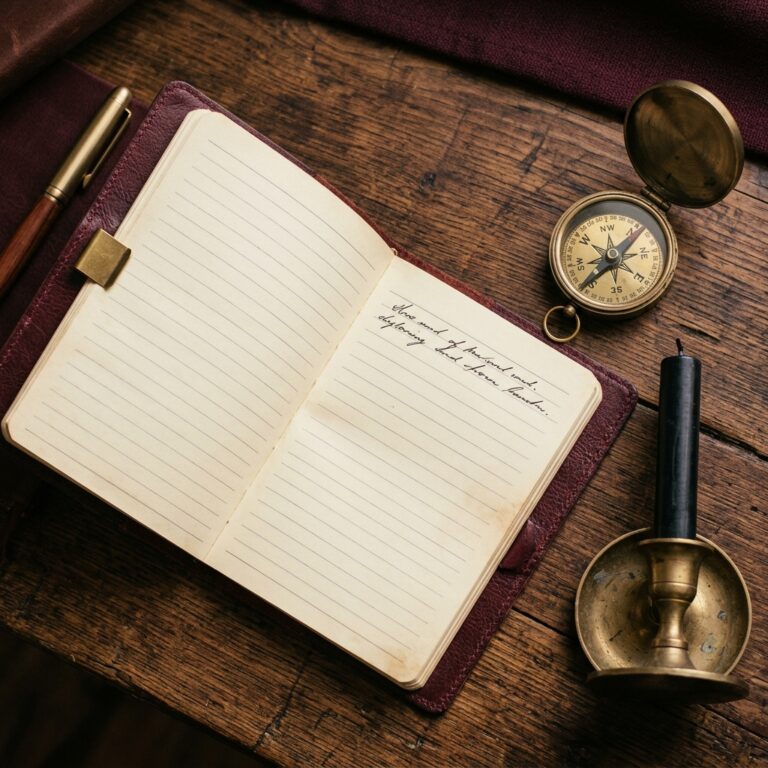Open notebook with one short handwritten goal on an otherwise blank page, beside a brass compass and an unlit black taper candle, showing a clearly scoped intention for a satanic career ritual