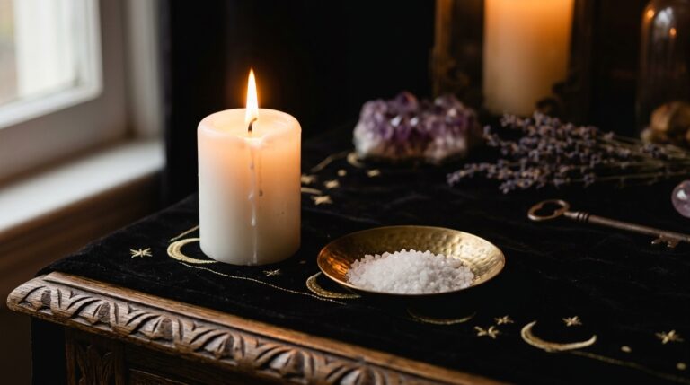 A lit white candle and a small dish of salt on a dark altar cloth, used for spiritual protection before a working