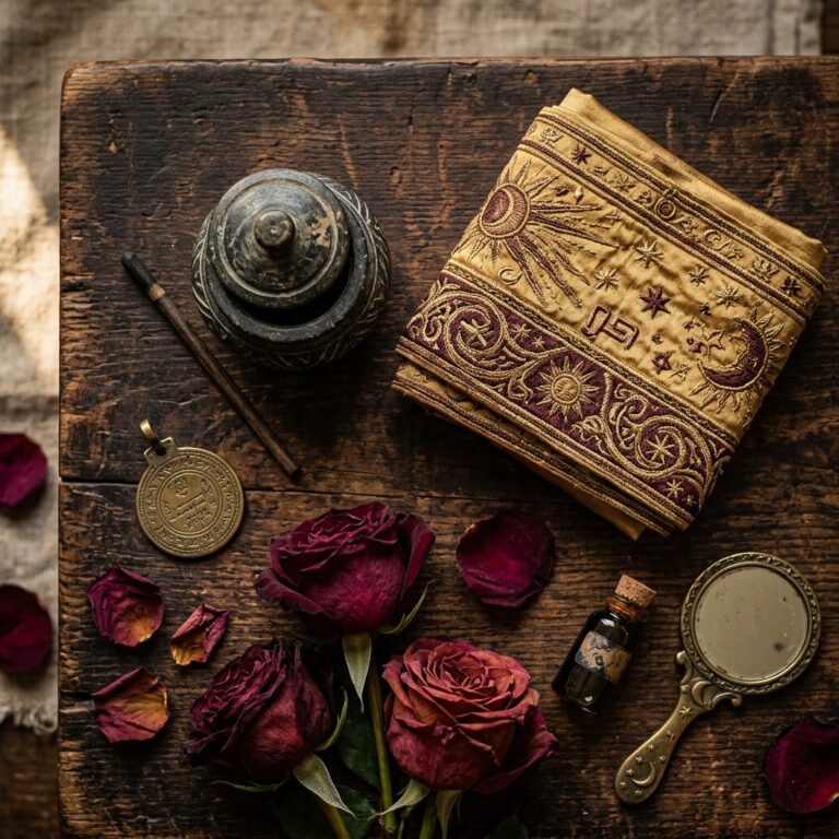 Ancient beauty magic objects for a glamour spell: a kohl pot with its applicator stick, an embroidered gold sash, dark red roses, and a small hand mirror on rough wood