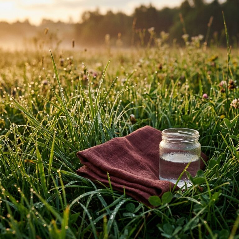 Dew beads on spring grass at dawn beside a small glass jar and a folded burgundy cloth, the traditional first step in gathering May dew for Flower Moon luck