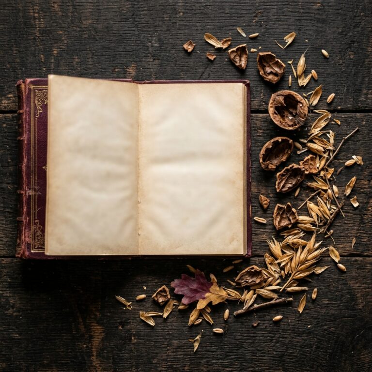Cracked walnut shells and dry grain husks beside an old book of blank pages, showing the shell imagery behind the word Qliphoth