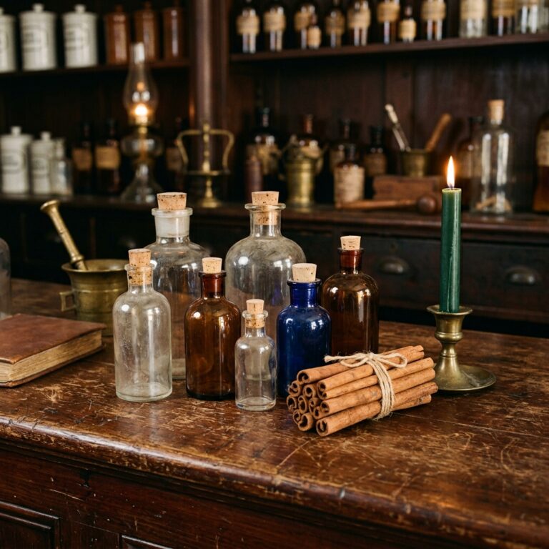 Old apothecary bottles, cinnamon quills and a green candle on a wooden counter, recalling New Orleans hoodoo drugstores