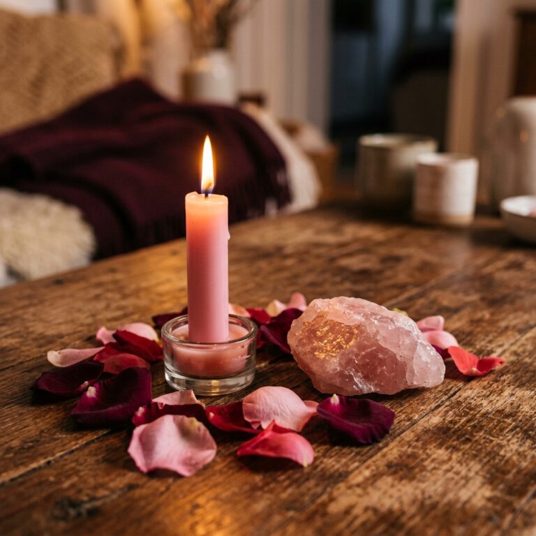 Pink candle, rose petals and a piece of rose quartz arranged for a love spell on a wooden table