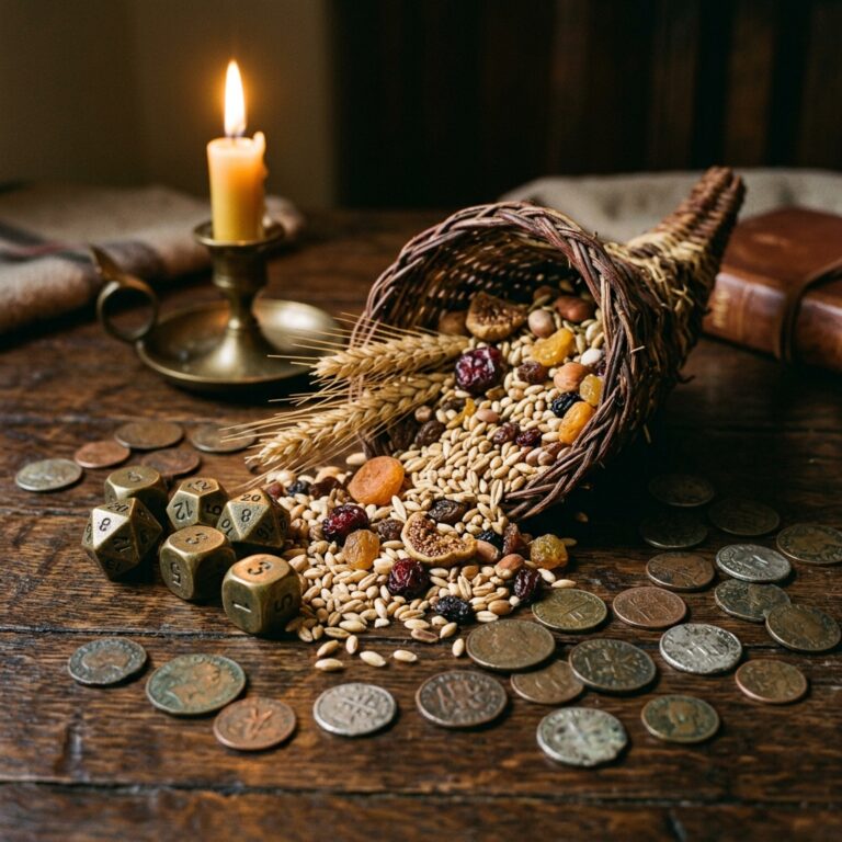 Wicker cornucopia spilling grain, wheat and dried fruit beside brass dice and scattered old coins on a dark wooden table, contrasting symbols of chance and abundance