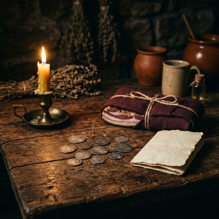 Payment for a cunning man on a rough wooden table: a row of old silver coins, a cloth-wrapped parcel of bacon tied with twine and a folded blank paper charm