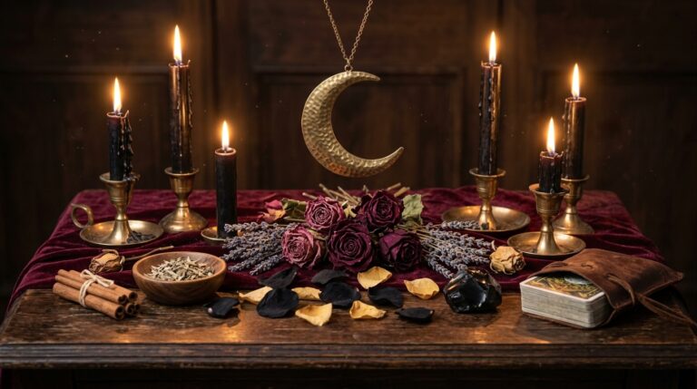 A dark altar with black candles, a crescent moon charm, and offerings of dried flowers