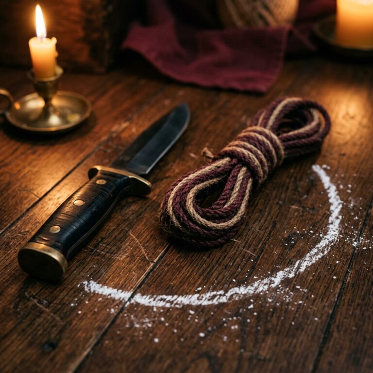 A black-hilted knife and a coiled cord beside a freshly chalked arc on dark wooden floorboards, the tools a grimoire uses to measure and draw a protective circle