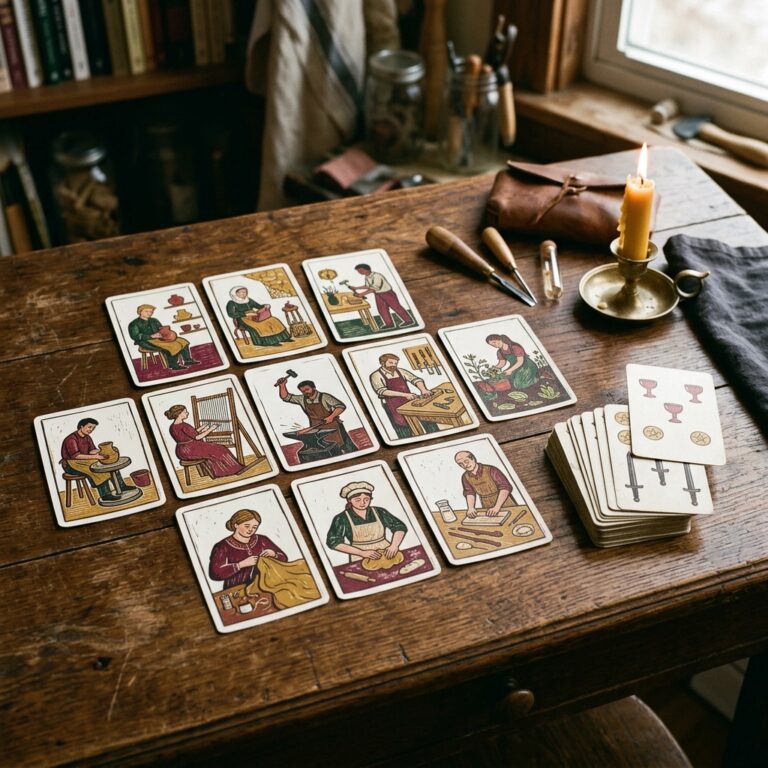 Illustrated tarot cards showing potters, weavers, smiths and bakers at work, laid beside an older-style deck marked only with cups, coins and swords