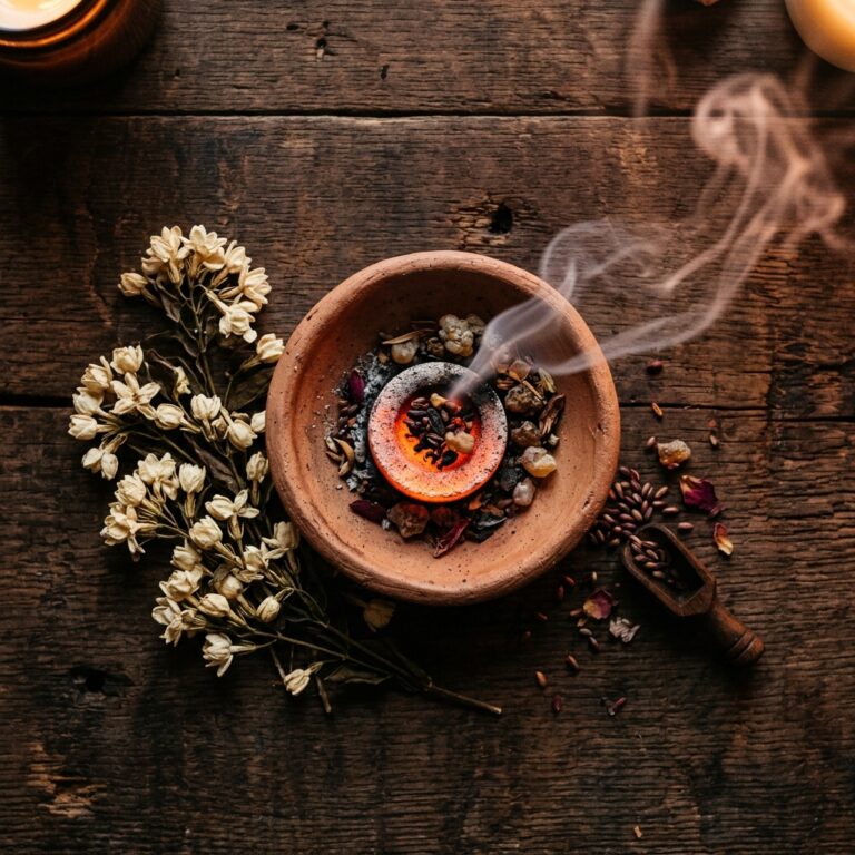 Glowing charcoal in a clay dish topped with resin and seeds, curling smoke drifting sideways beside dried jasmine flowers, recalling the ancient capnomancy practice of reading smoke over hot coals