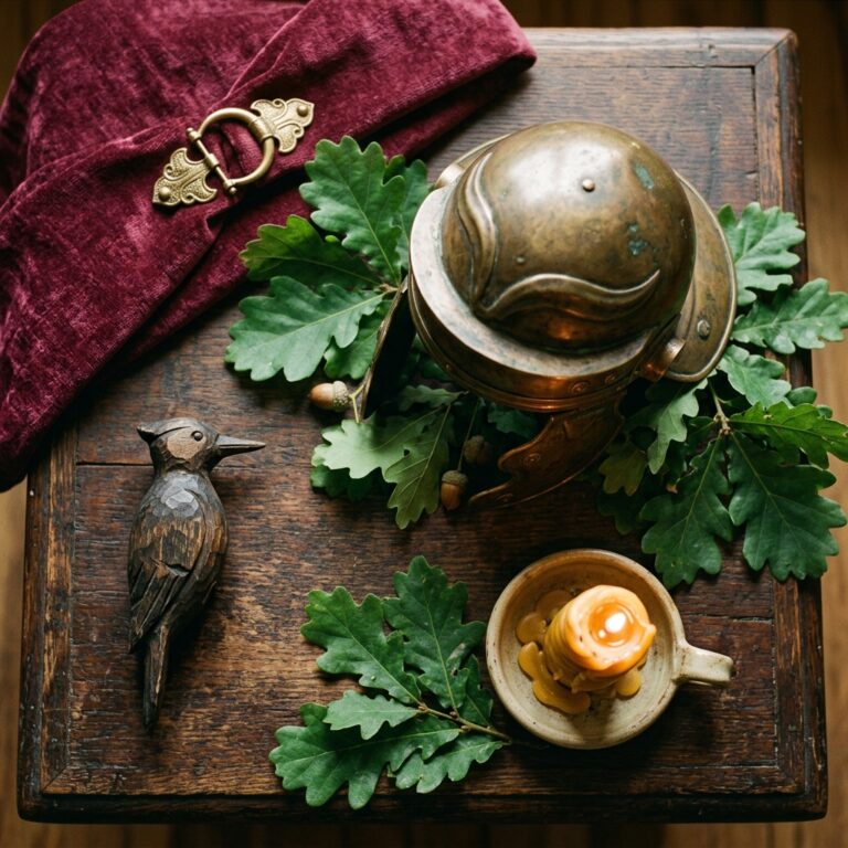 Carved wooden woodpecker beside a bronze Roman helmet, oak leaves, acorns, a lit candle and a burgundy cloak with a gold clasp, recalling Picus and the bird of Mars