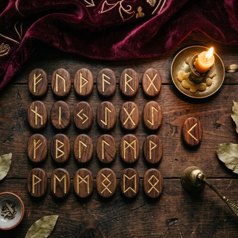 Flat-lay of carved wooden rune stones laid in rows on dark wood, with the arrowhead-shaped Kenaz rune set apart beside a lit candle and burgundy velvet