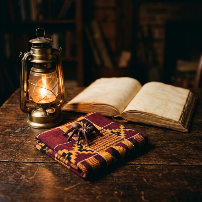 Carved wooden spider resting on a folded Kente-style cloth beside a lit lantern and an open storybook, evoking evening Anansi storytelling