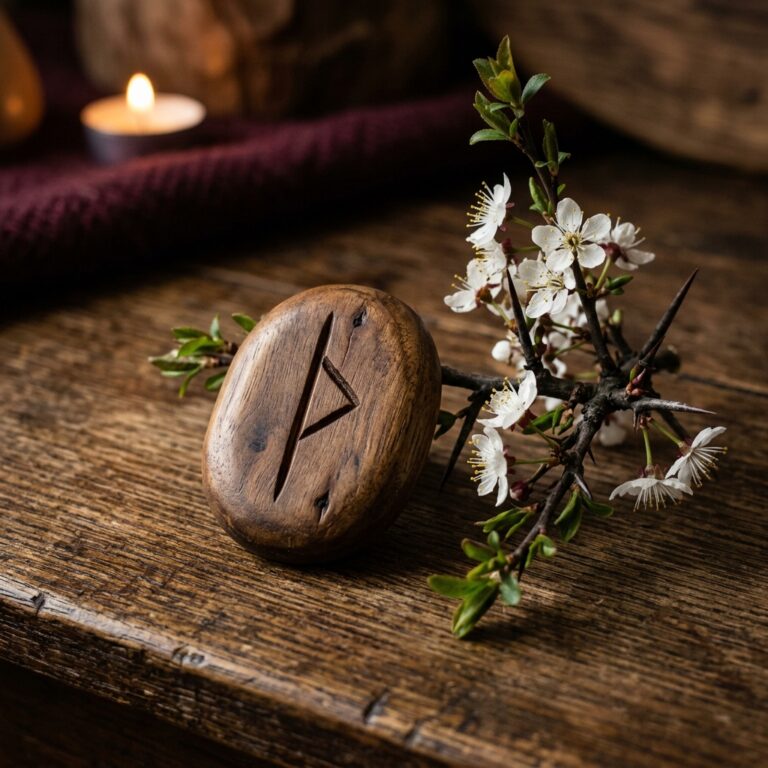 Worn wooden rune stone carved with the thorn-shaped Thurisaz rune resting against a sprig of blackthorn with sharp thorns and white blossoms, a candle glowing behind