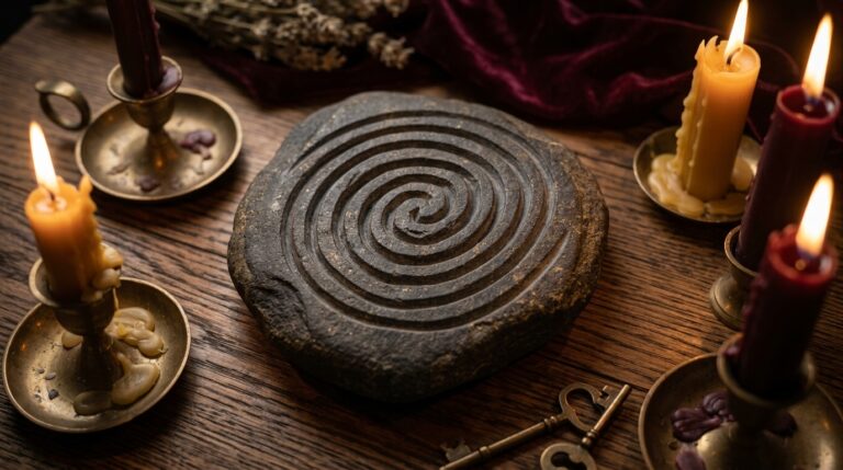 A hand-carved stone spiral pattern illuminated by soft candlelight